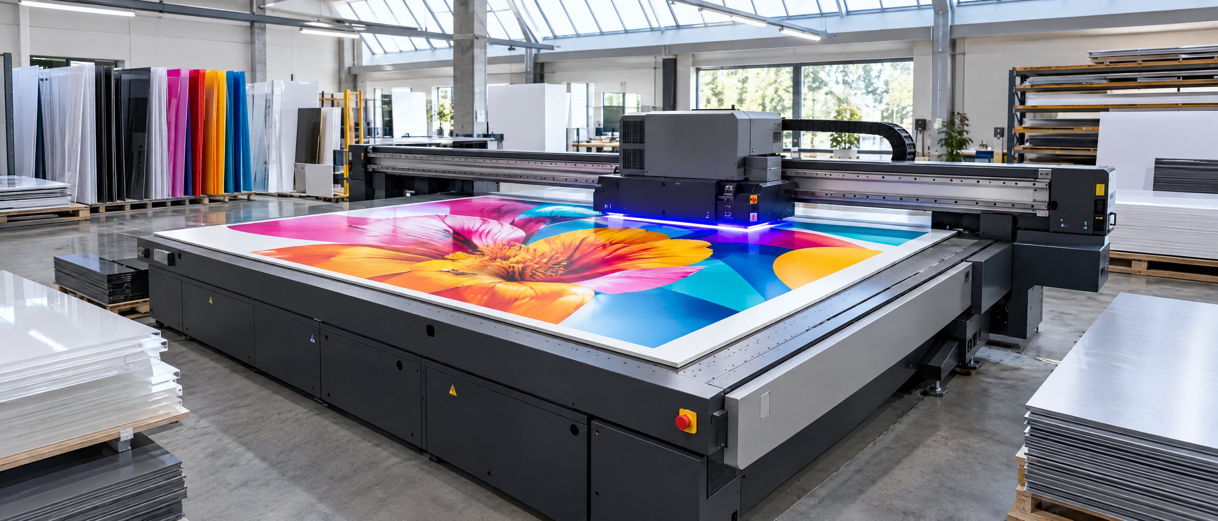 KI-generierte Darstellung: Großformatiger UV-Flachbettdrucker bedruckt eine Platte in einer Werkhalle